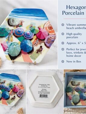 No Boundaries Hexagon Porcelain Tray - Multi-Colored Beach Umbrellas NWOT